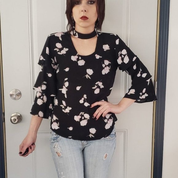 Black and Pink Floral Bell Sleeve Top - Picture 1 of 4